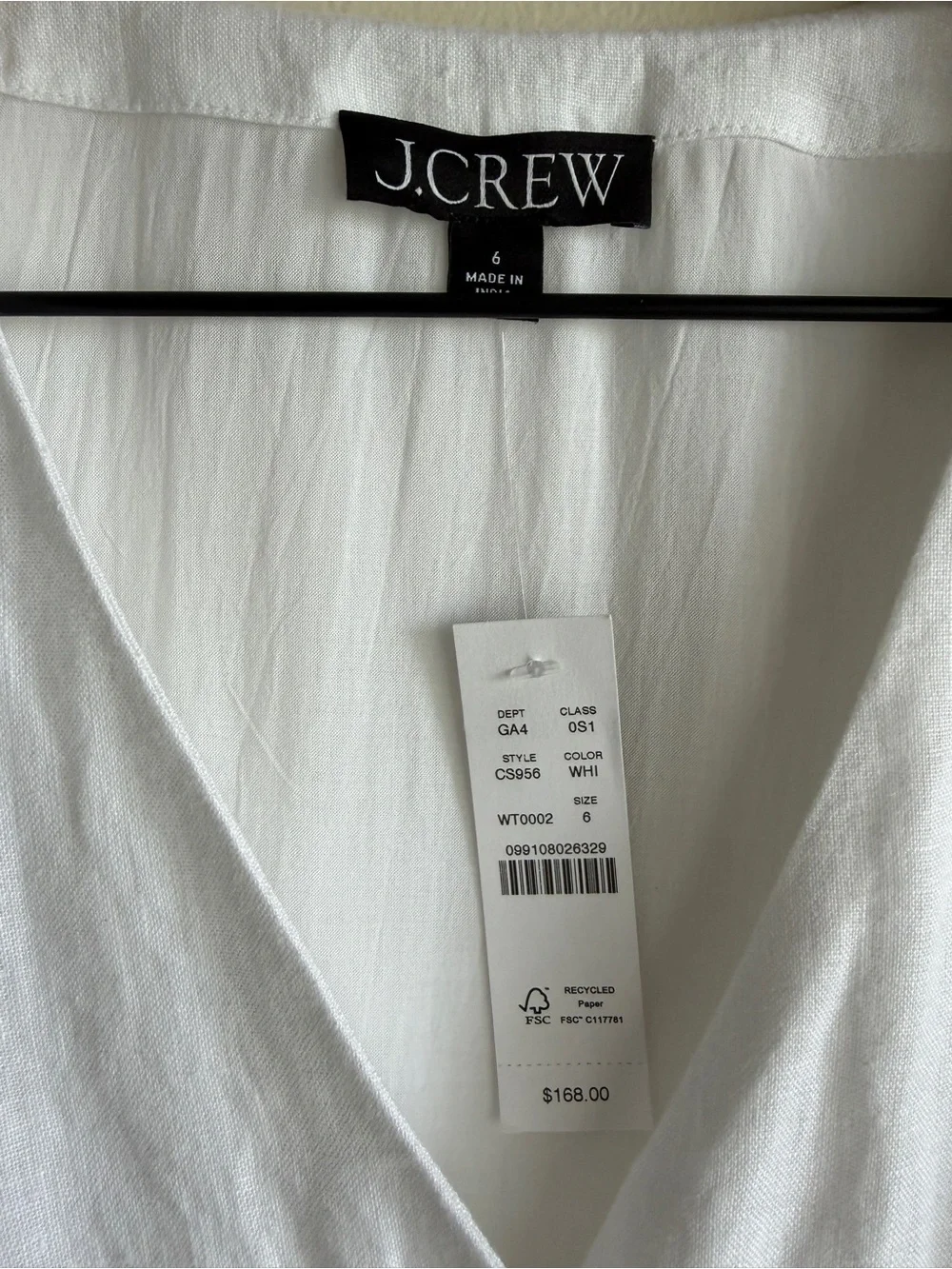 J.Crew Fleur Linen Mini Dress White Button Front Tie Back NWT Size 6